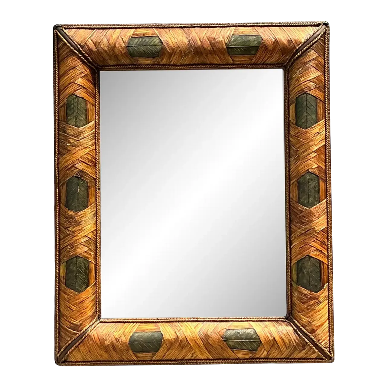 Vintage Wrapped Rattan Brass Leaf Mirror